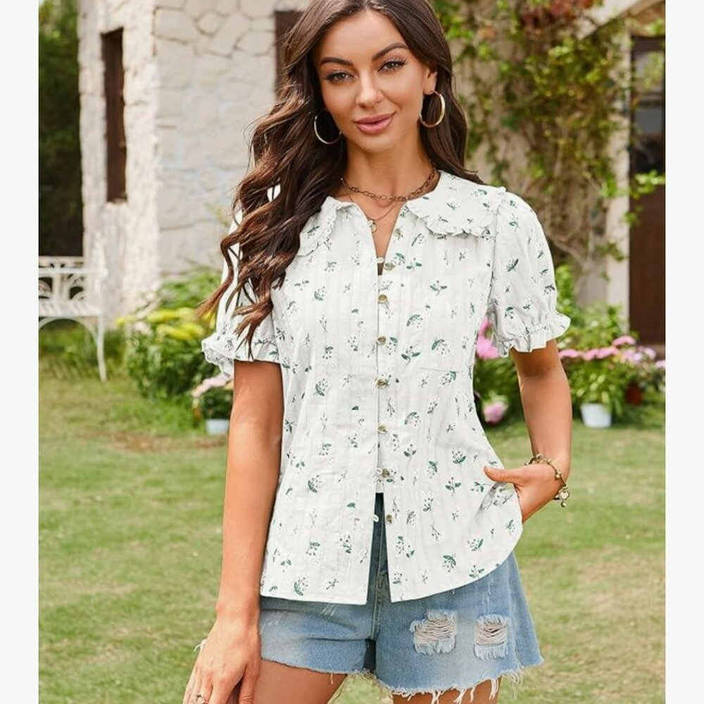 Ecowish Short Sleeve Button Down Peter Pan Collar- Size XL - Picture 3 of 10